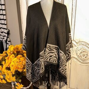 Elegant Black and Gray Shawl with Fringe Zebra Print